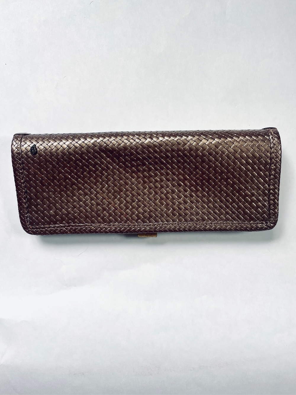 Helen Kaminski Metallic Woven Leather Clutch Long Wallet Braided Bronze Brown